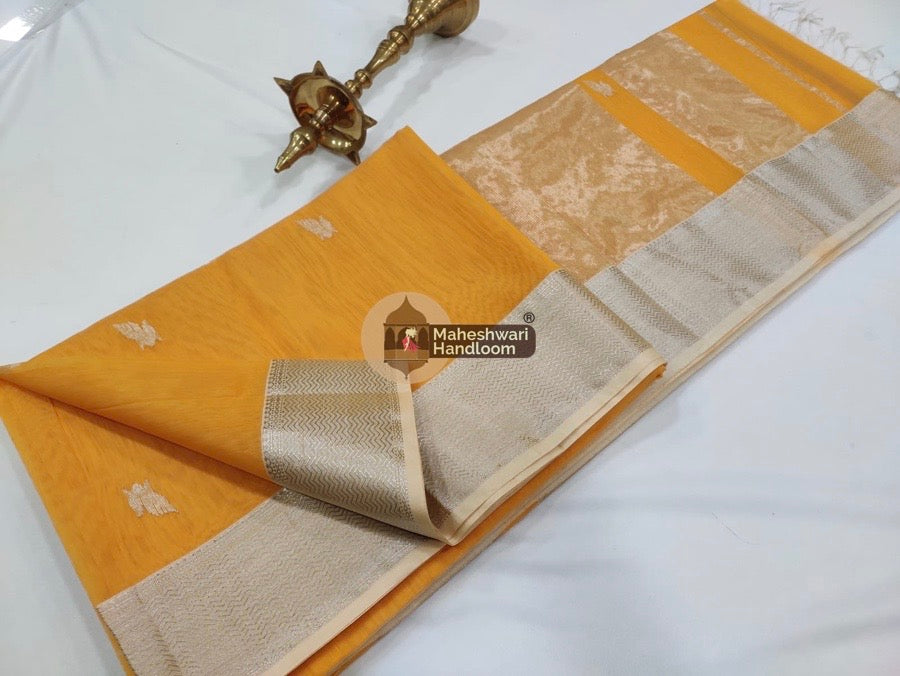 Maheshwari Orange Silver Zari Butti Saree