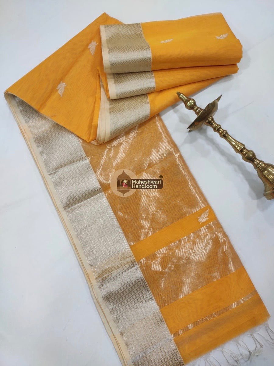 Maheshwari Orange Silver Zari Butti Saree