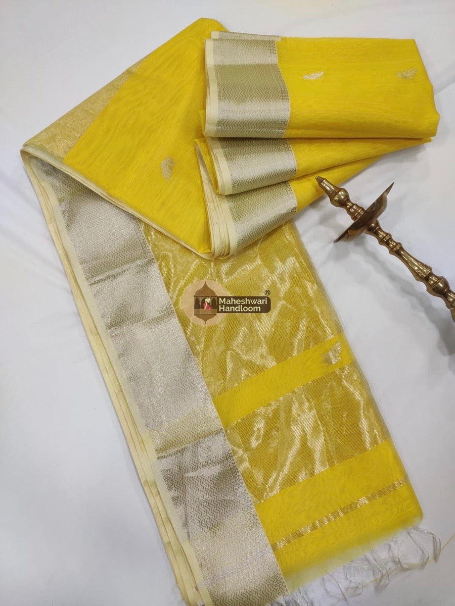 Maheshwari Yellow Silver Zari Butti Saree
