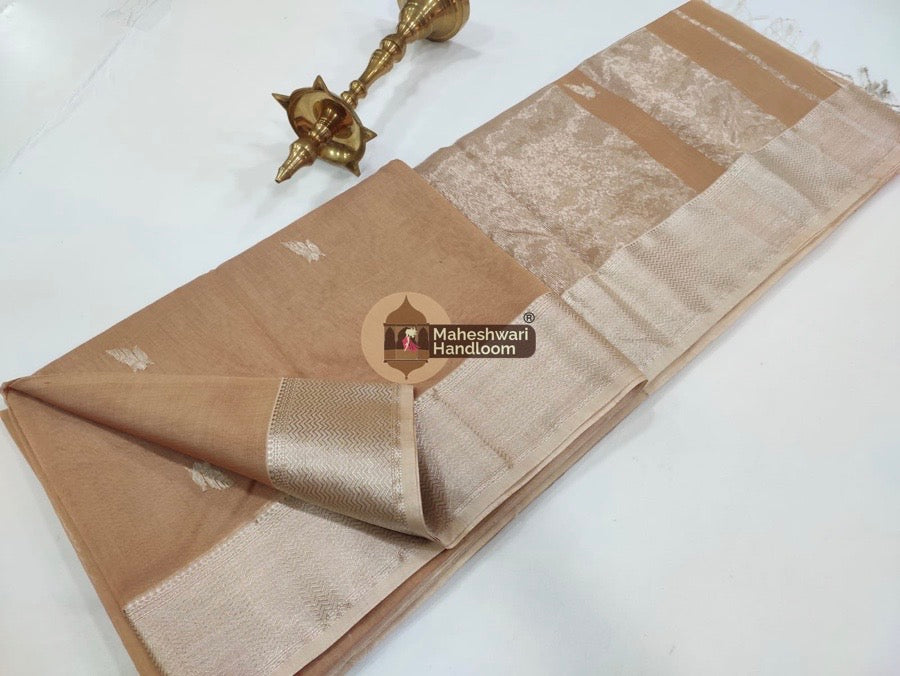 Maheshwari Brown Silver Zari Butti Saree 