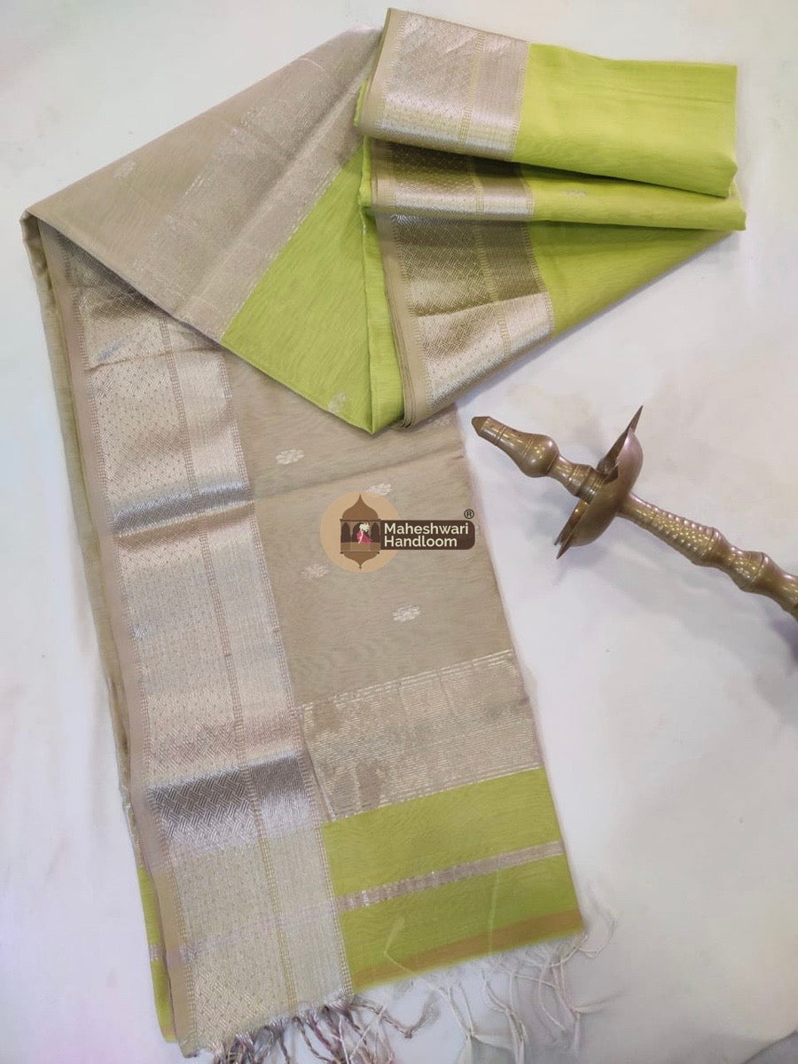 Maheshwari Green Silver Zari Butti Saree