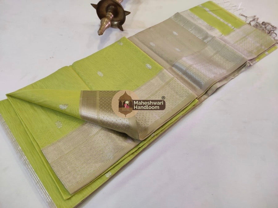 Maheshwari Green Silver Zari Butti Saree