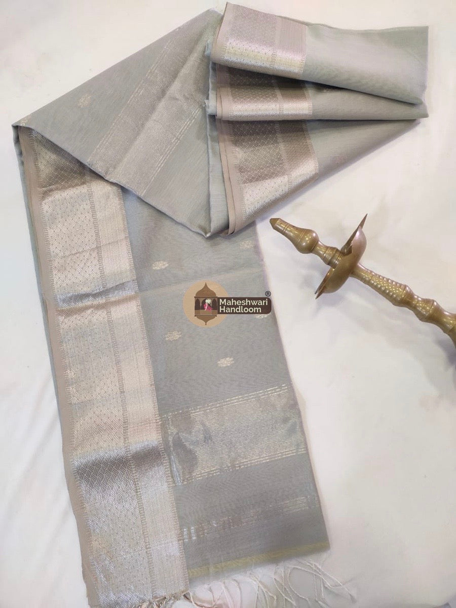 Maheshwari Grey Silver Zari Butti Saree