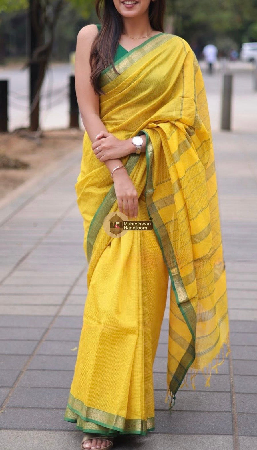 Maheshwari Yellow Garbha Reshmi 75% Mulbury Silk Saree 014