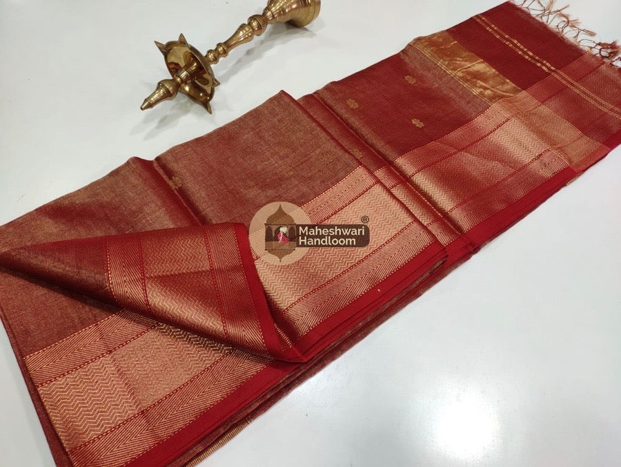 Red and gold saree Maheshwari Tissue Butti Saree 