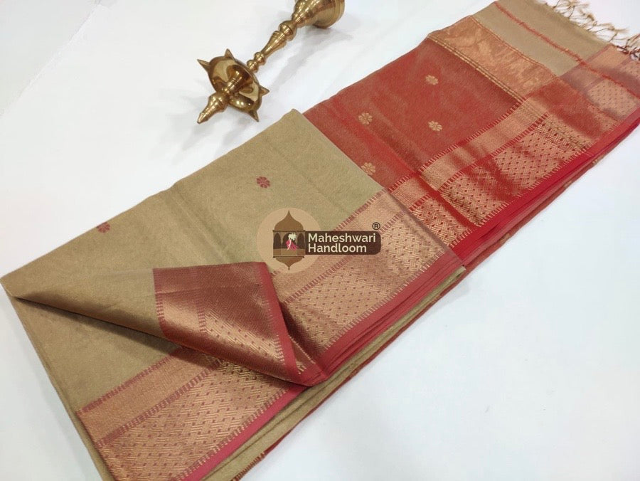 Beige Maheshwari Tissue Butti Saree