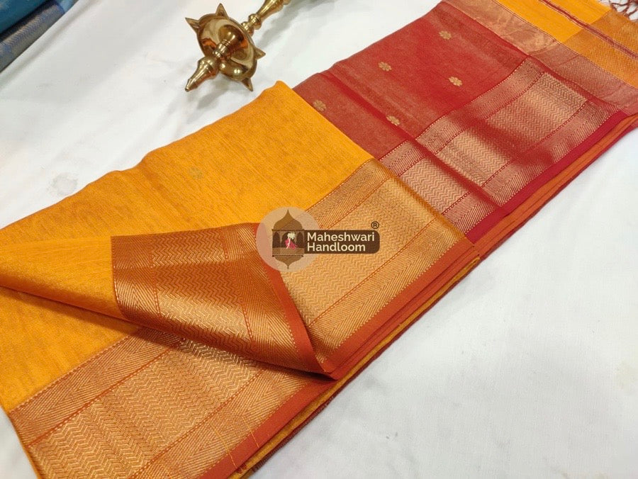 Yellow Maheshwari Tissue Butti Saree 