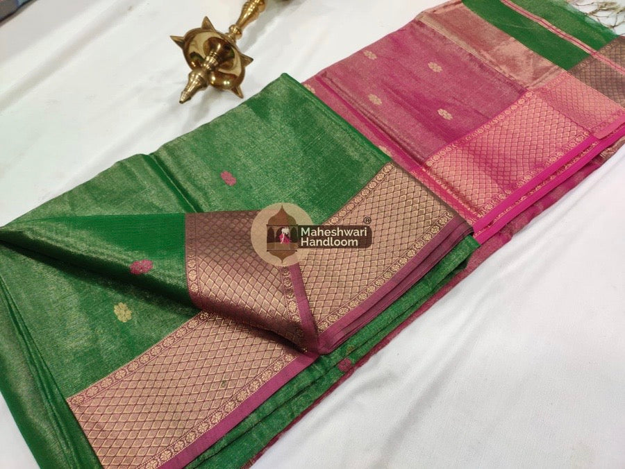 Green Maheshwari Tissue Butti Saree