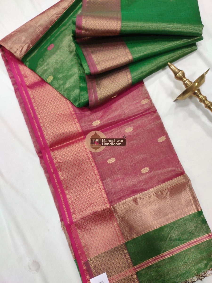 Green Maheshwari Tissue Butti Saree