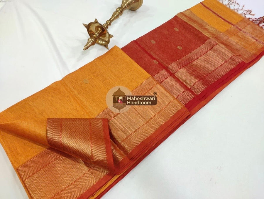 Yellow Maheshwari Tissue Butti Saree 