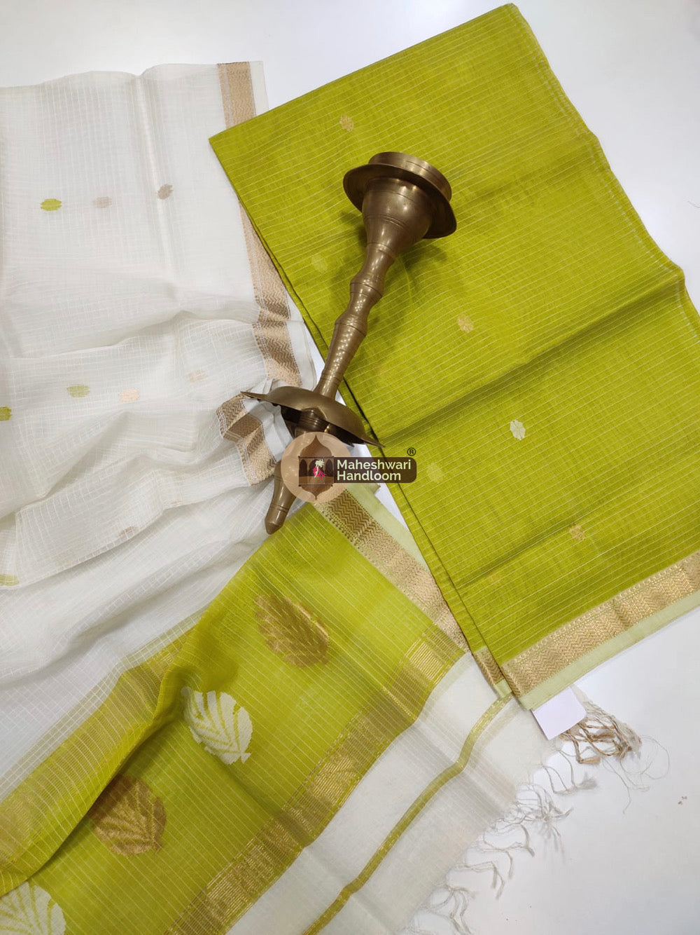 Maheshwari Green Katan Silk Top Dupatta Set 