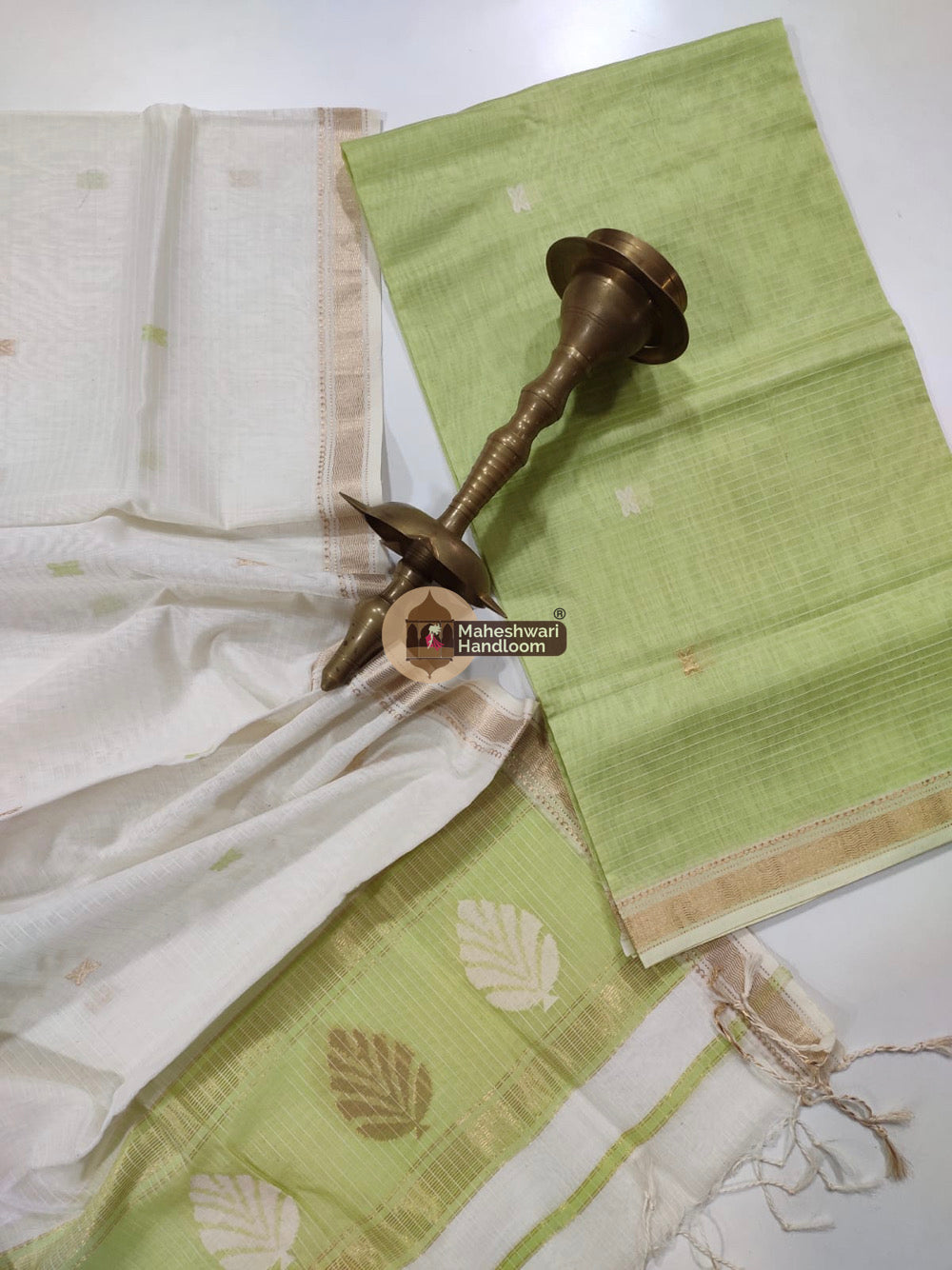 Maheshwari Pista Green Katan Silk Top Dupatta Set 