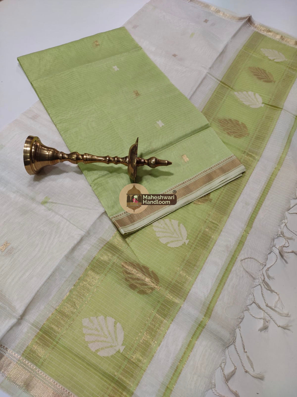 Maheshwari Pista Green Katan Silk Top Dupatta Set 