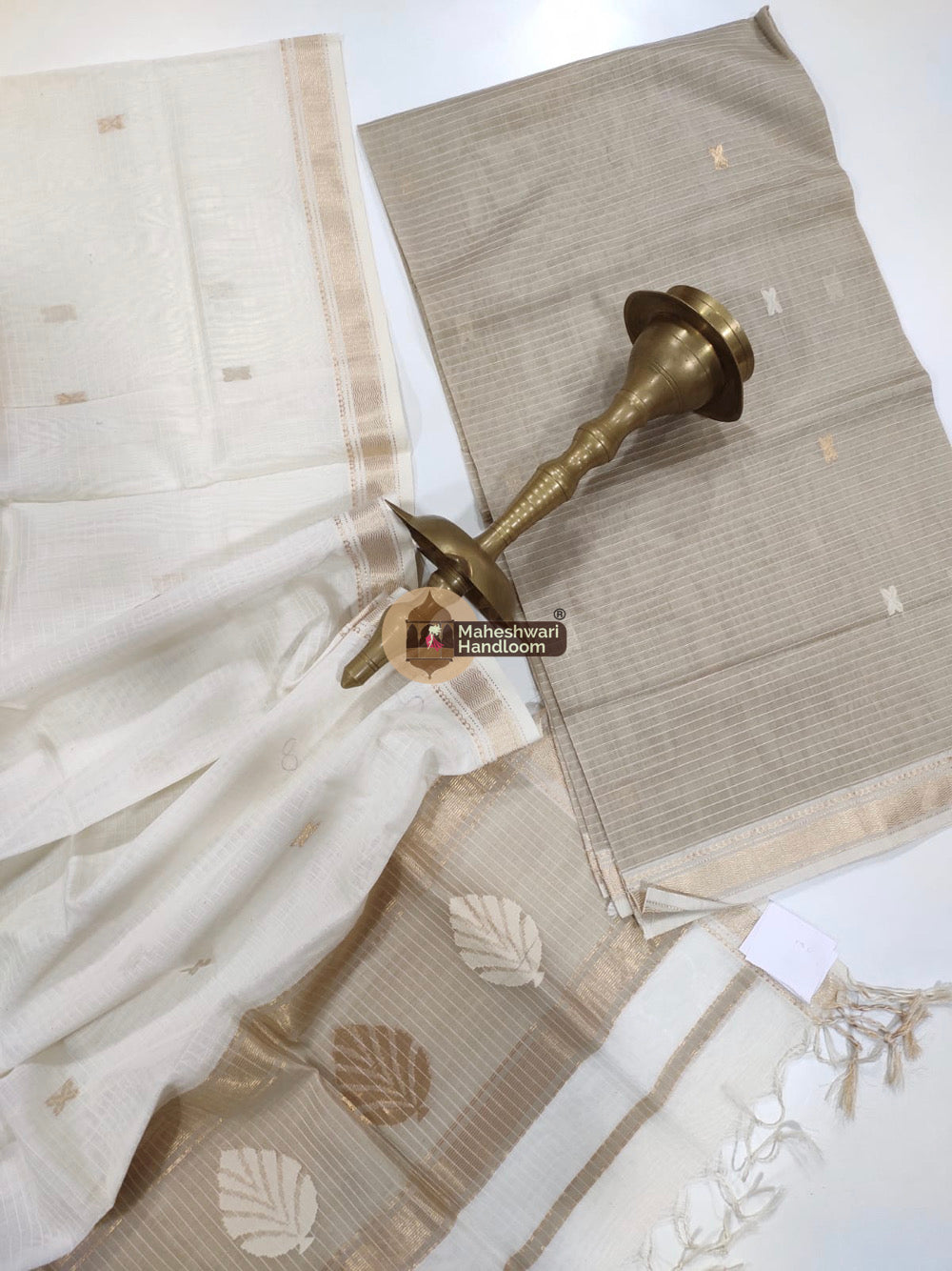 Maheshwari Beige Katan Silk Top Dupatta Set 