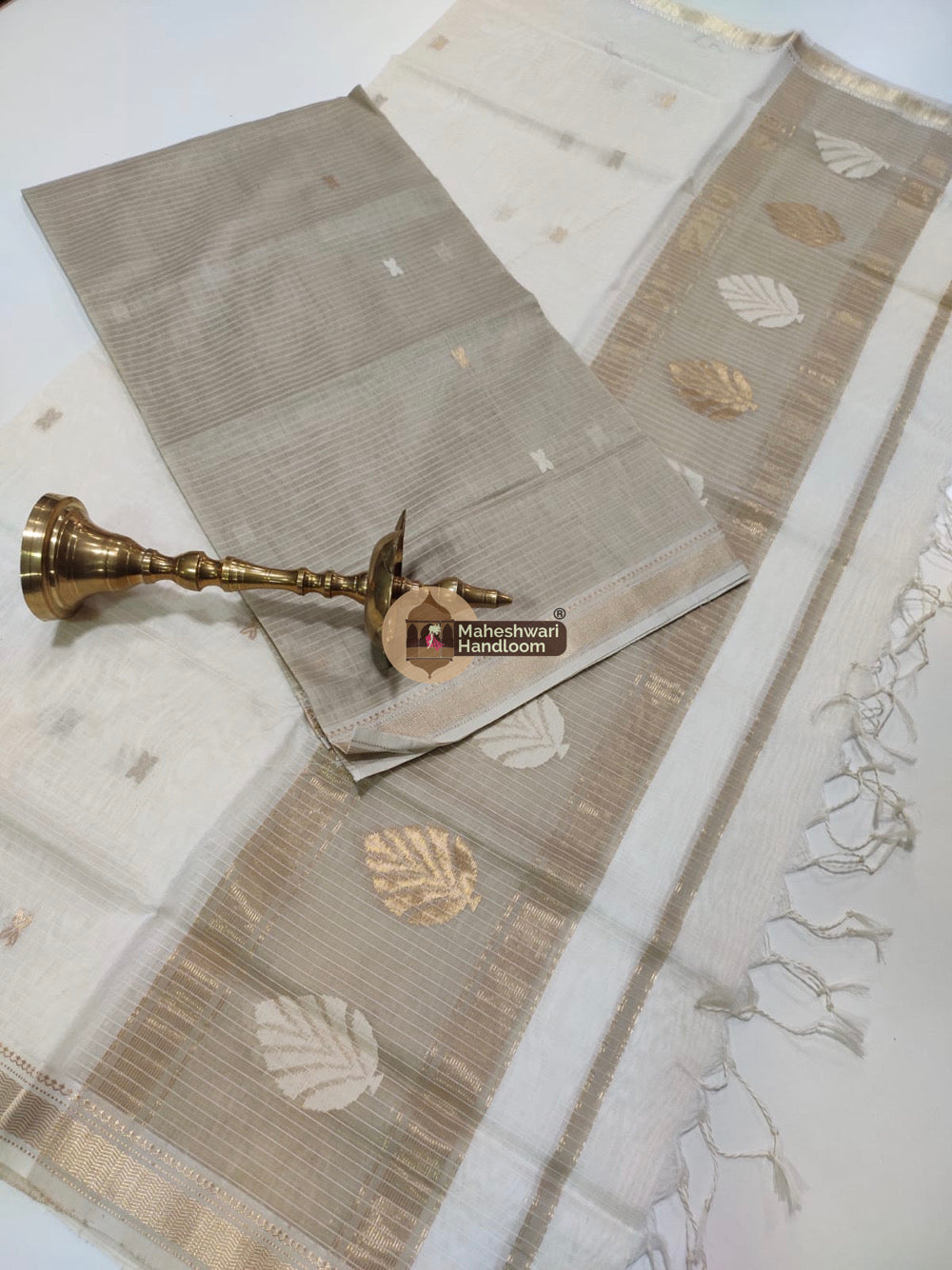 Maheshwari Beige Katan Silk Top Dupatta Set 