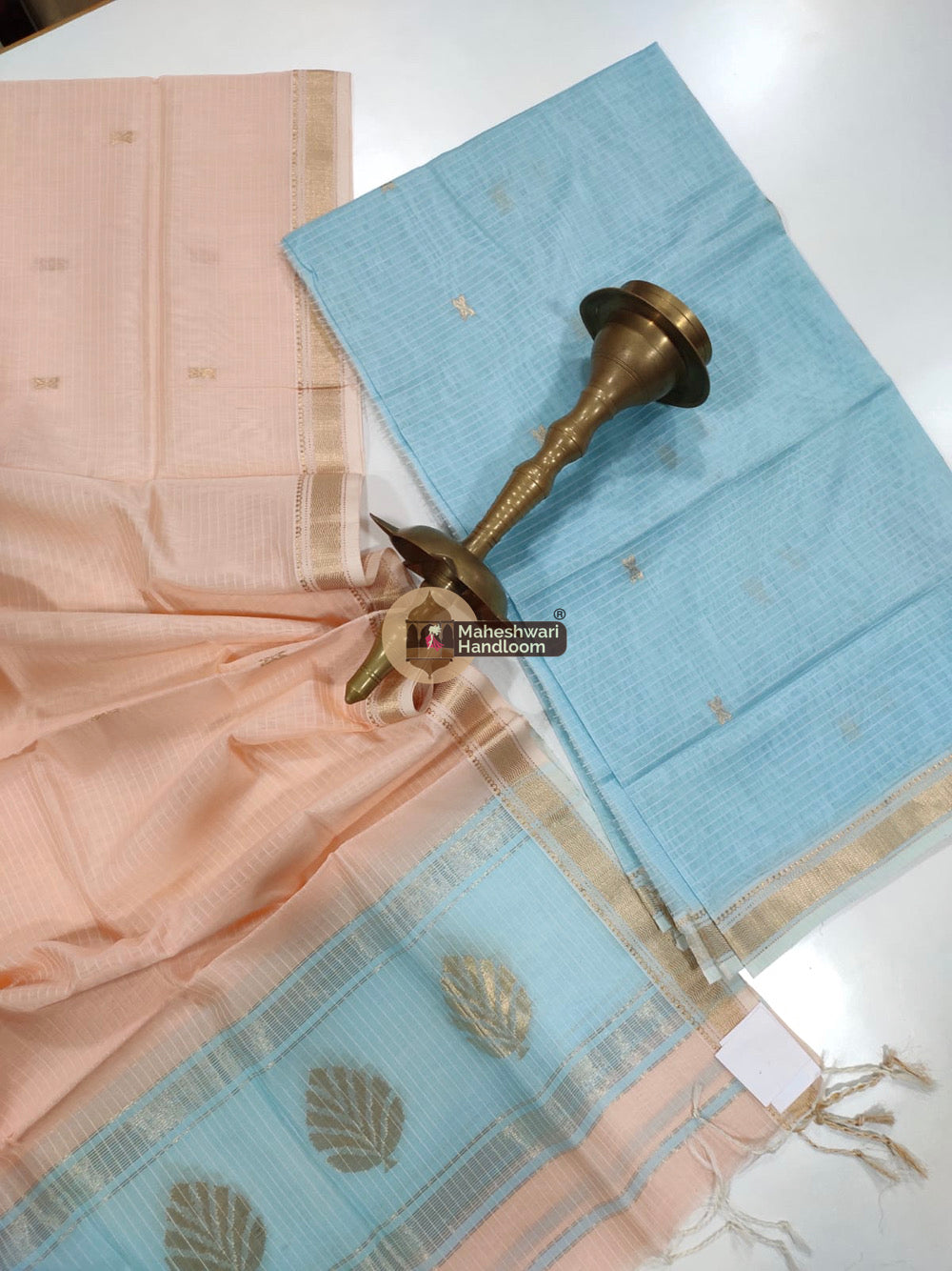 Maheshwari Blue Katan Silk Top Dupatta Set 