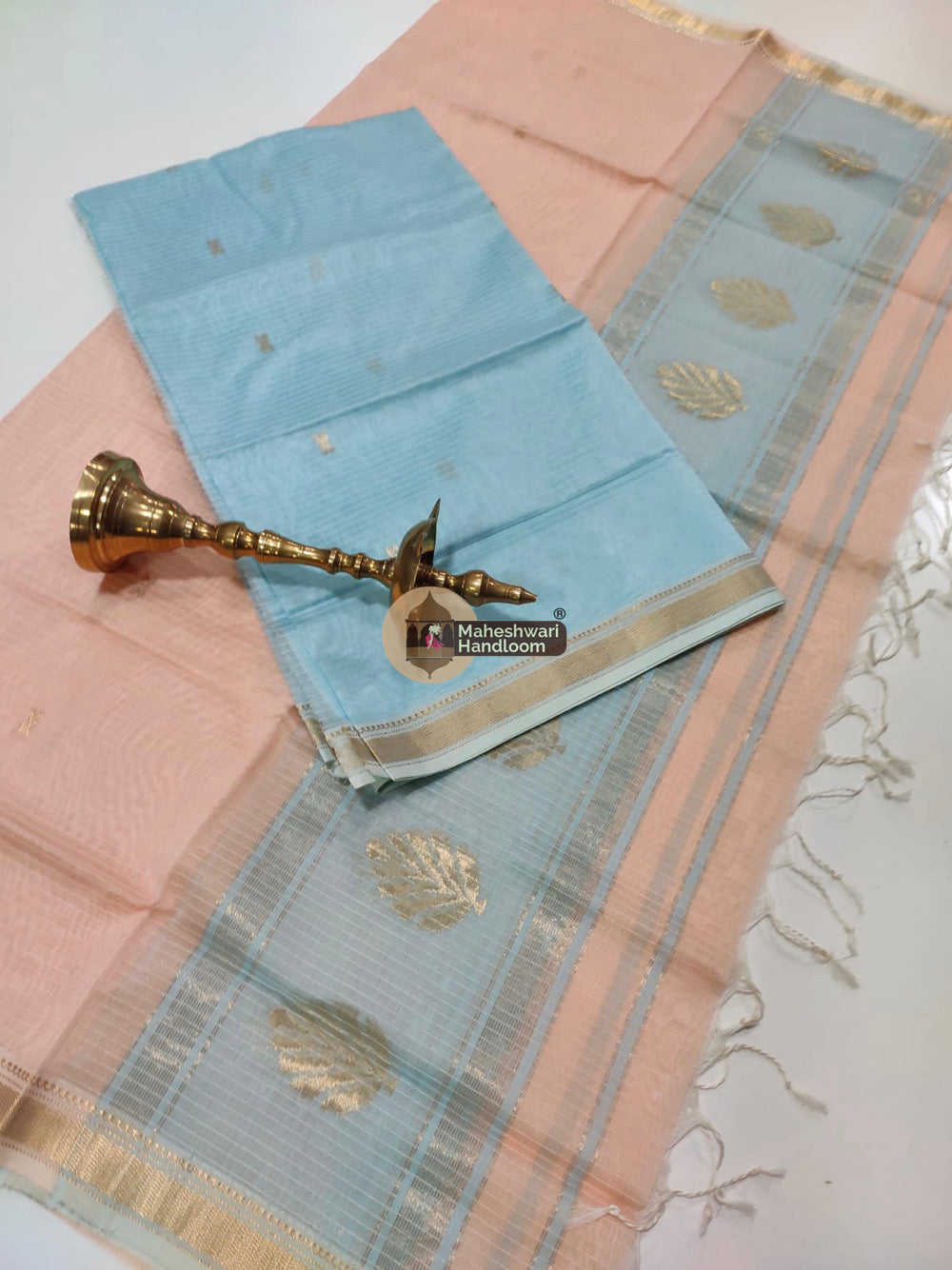 Maheshwari Blue Katan Silk Top Dupatta Set 