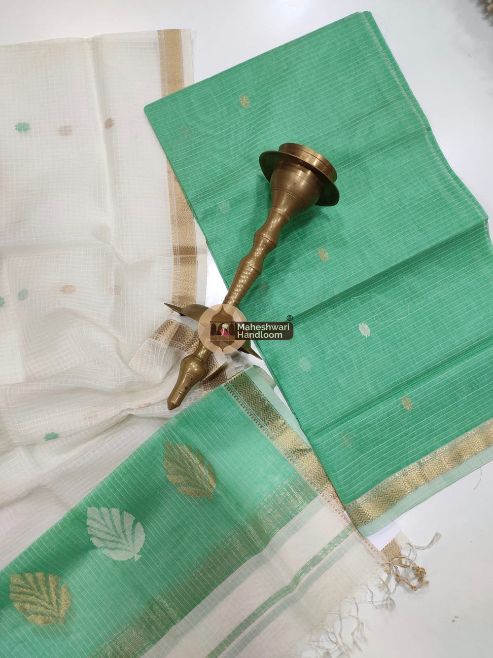 Maheshwari Green Katan Silk Top Dupatta Set 