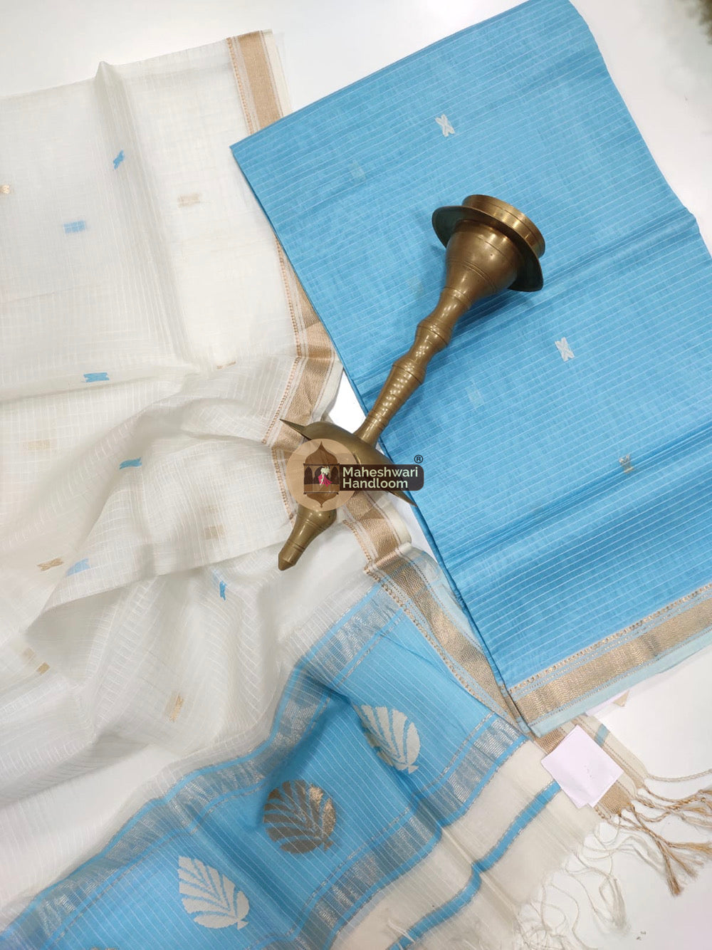 Maheshwari Sky Blue Katan Silk Top Dupatta Set 