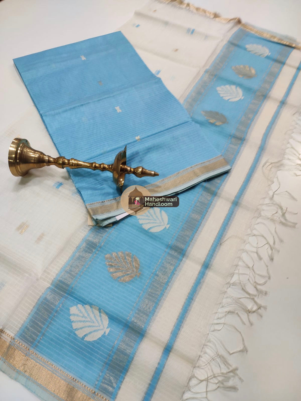 Maheshwari Sky Blue Katan Silk Top Dupatta Set 