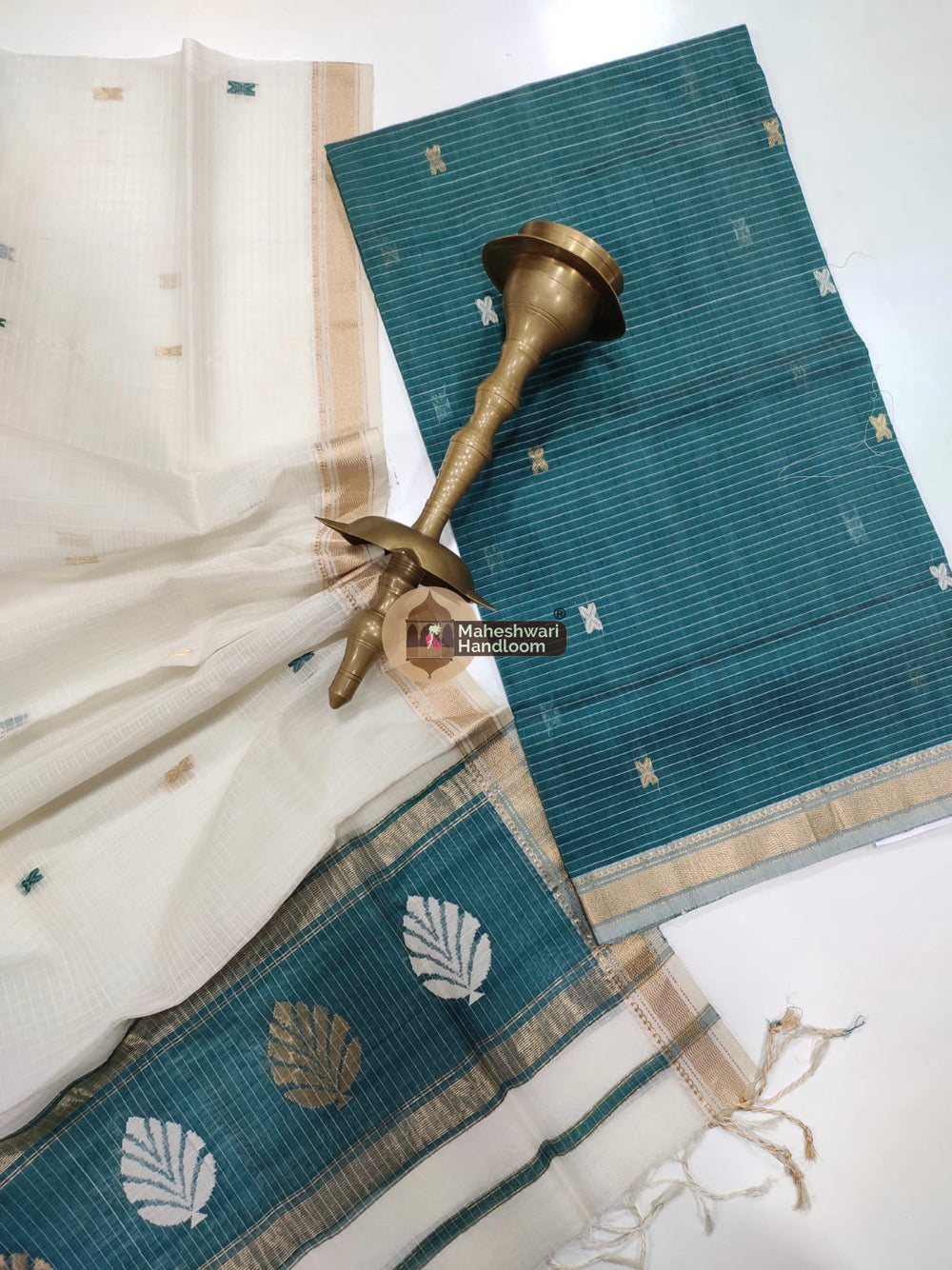 Maheshwari Sea Blue Katan Silk Top Dupatta Set