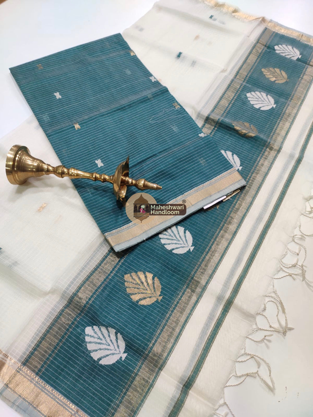 Maheshwari Sea Blue Katan Silk Top Dupatta Set