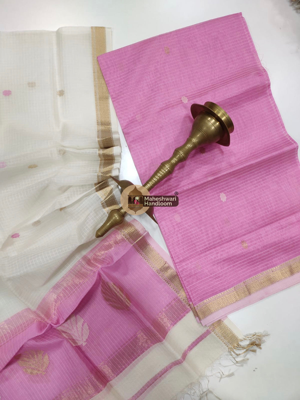 Maheshwari Pink Katan Silk Top Dupatta Set 