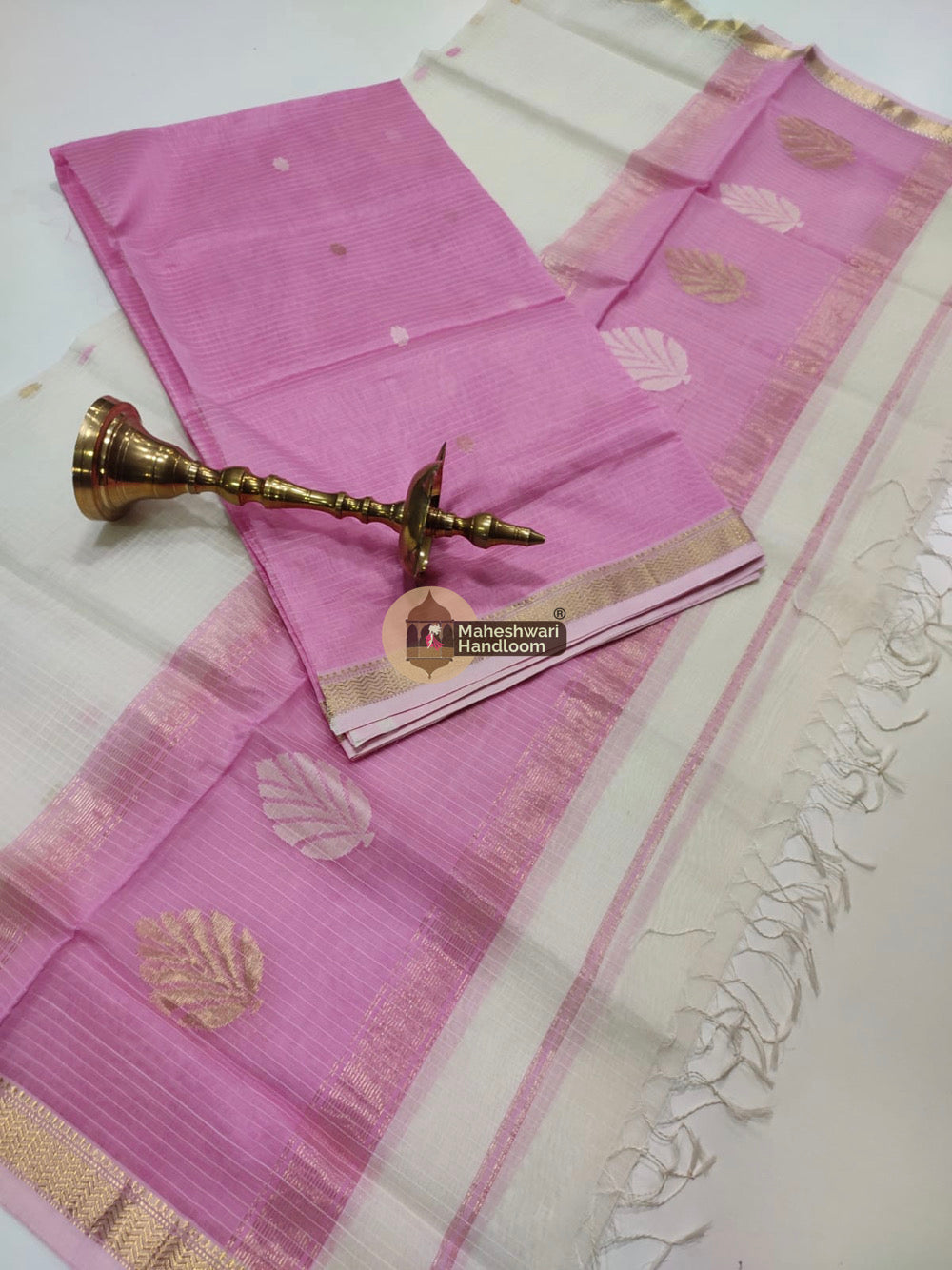 Maheshwari Pink Katan Silk Top Dupatta Set 