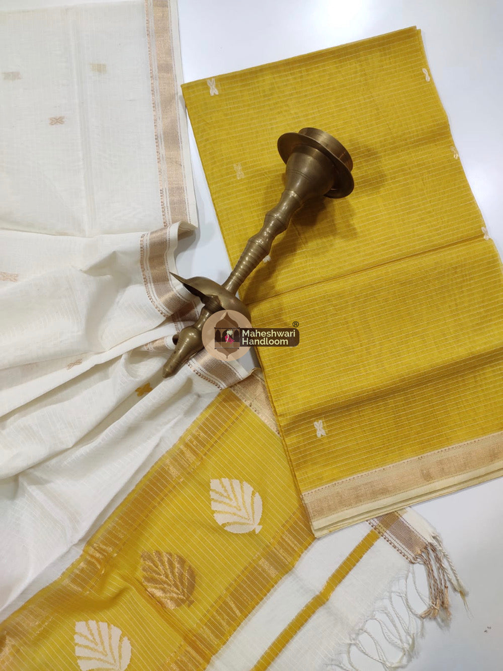 Maheshwari Mustard Yellow Katan Silk Top Dupatta Set 