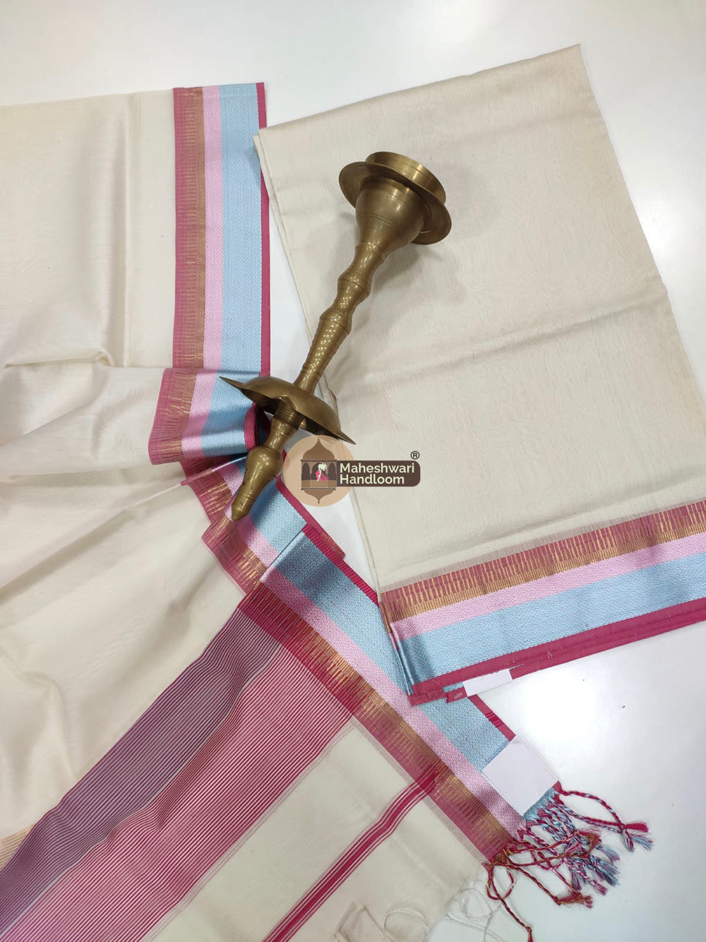 Maheshwari Cream Multicolor Border Top Dupatta Set