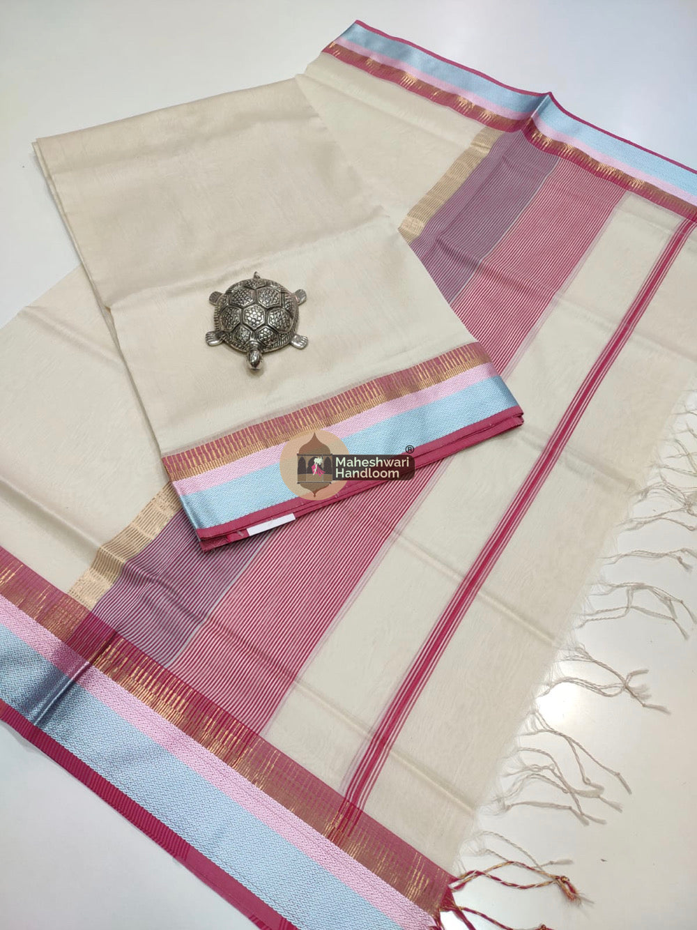 Maheshwari Cream Multicolor Border Top Dupatta Set