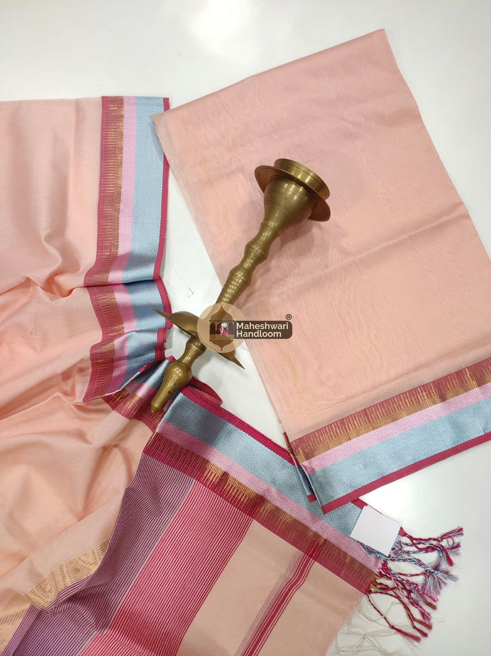 Maheshwari Peach Multicolor Border Top Dupatta Set