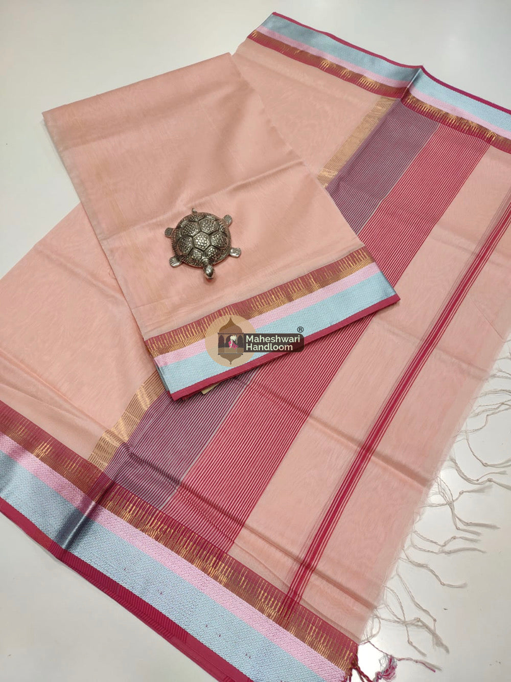Maheshwari Peach Multicolor Border Top Dupatta Set
