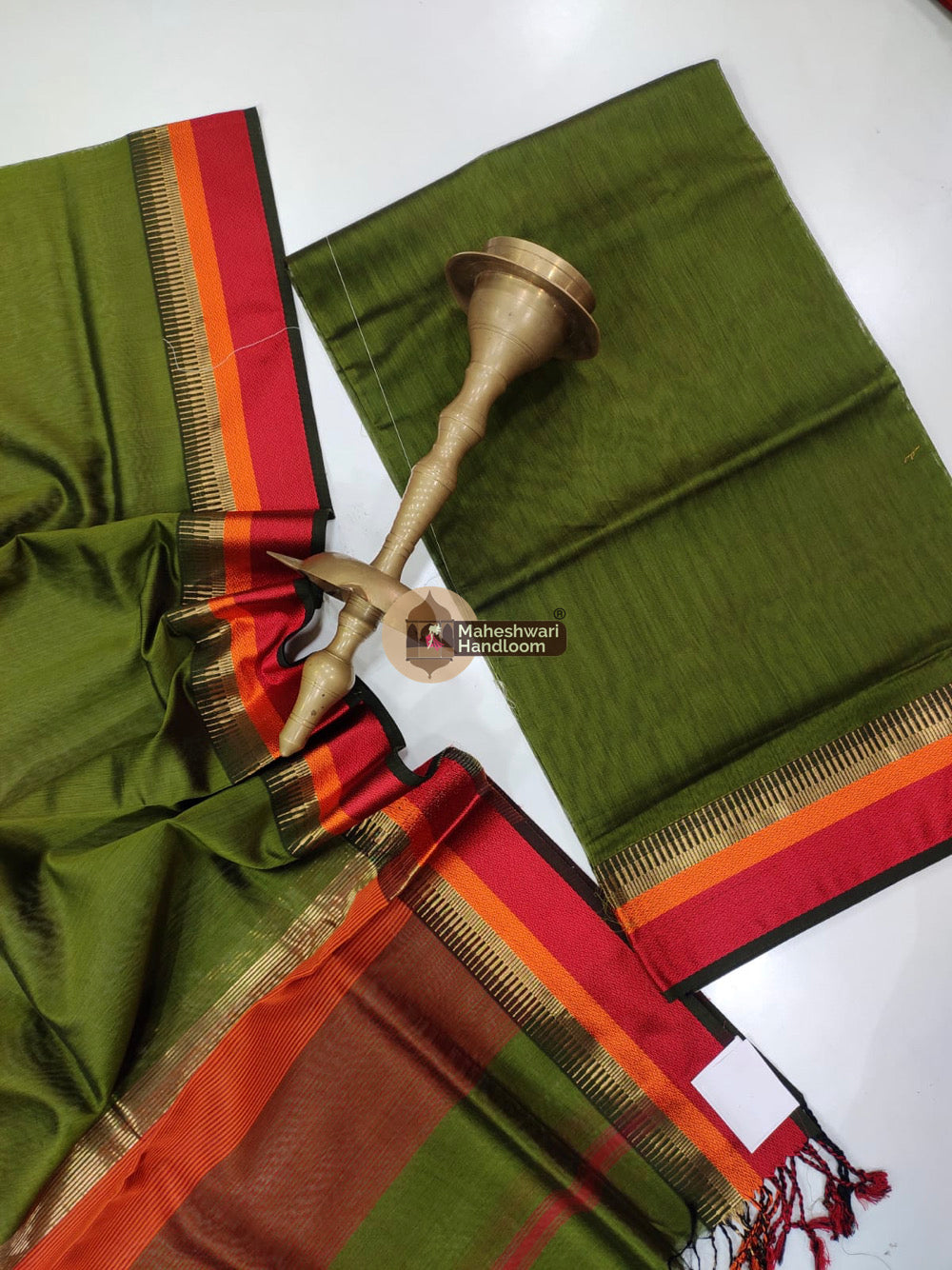 Maheshwari Olive Green Multicolor Border Top Dupatta Set