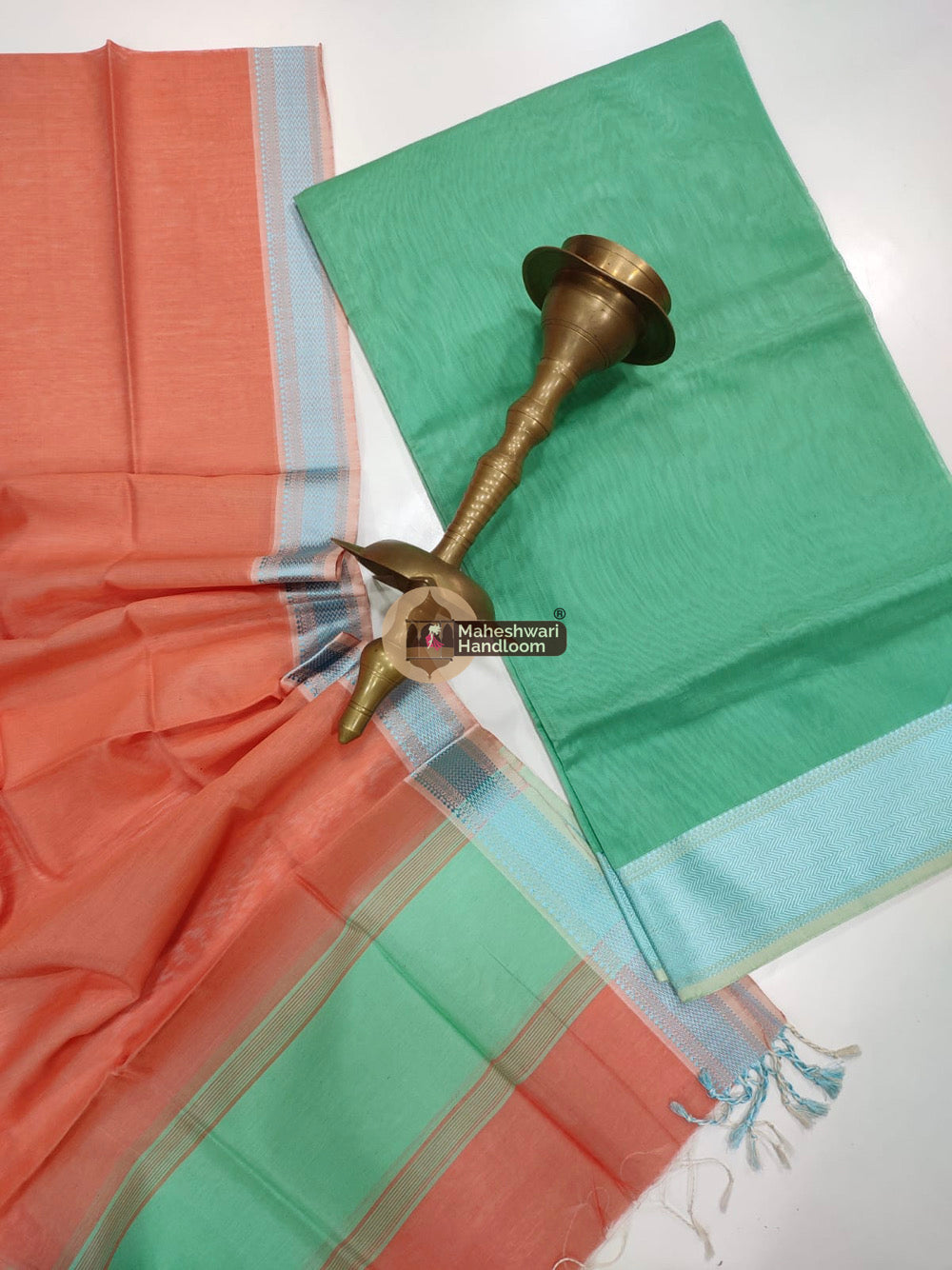 Maheshwari Medium Aquamarine Multicolor Border Top Dupatta Set 