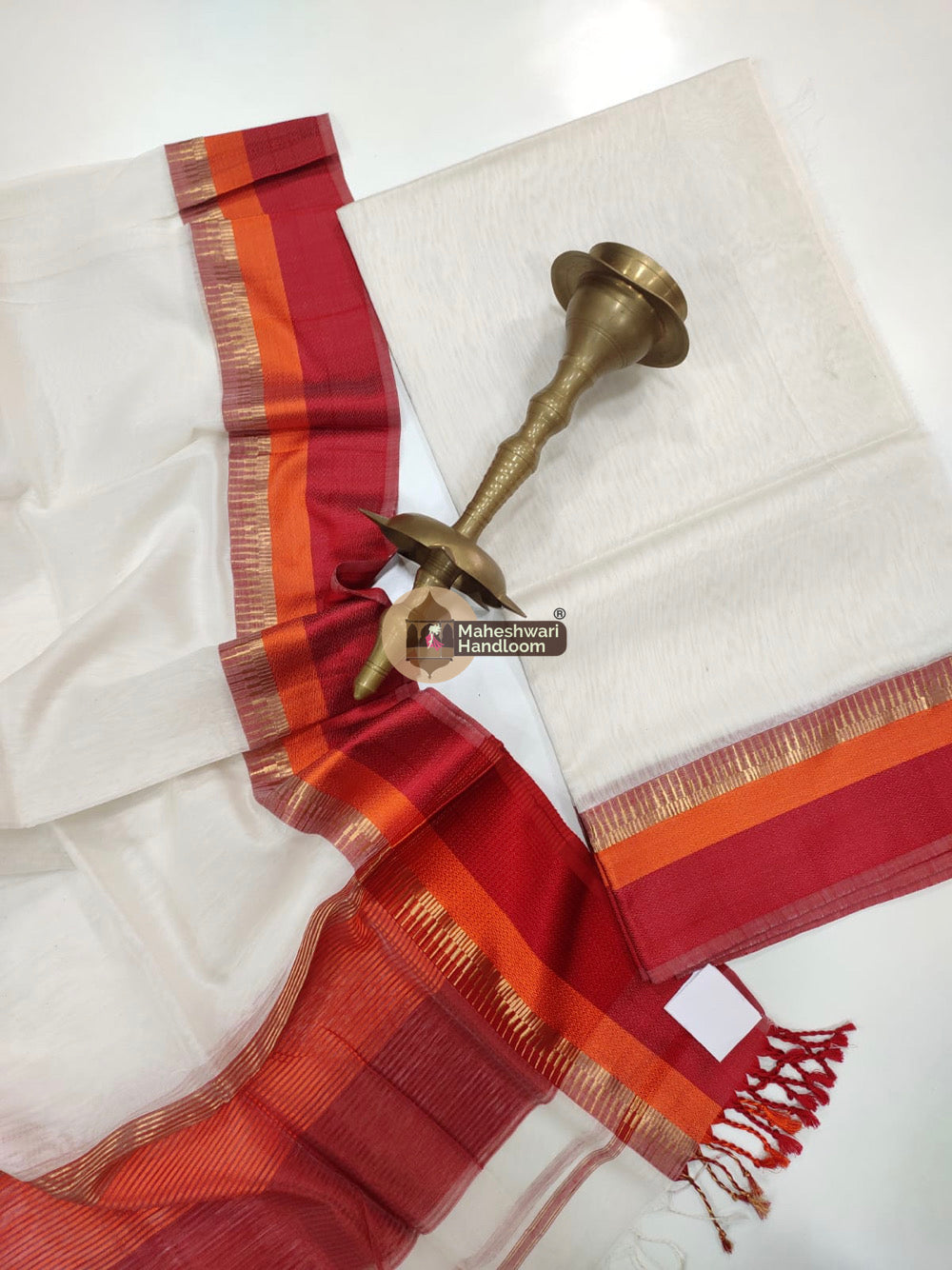 Maheshwari White Multicolor Border Top Dupatta Set