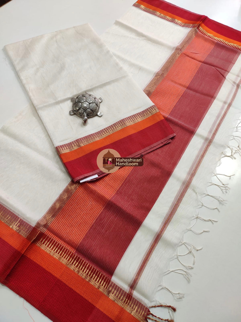 Maheshwari White Multicolor Border Top Dupatta Set