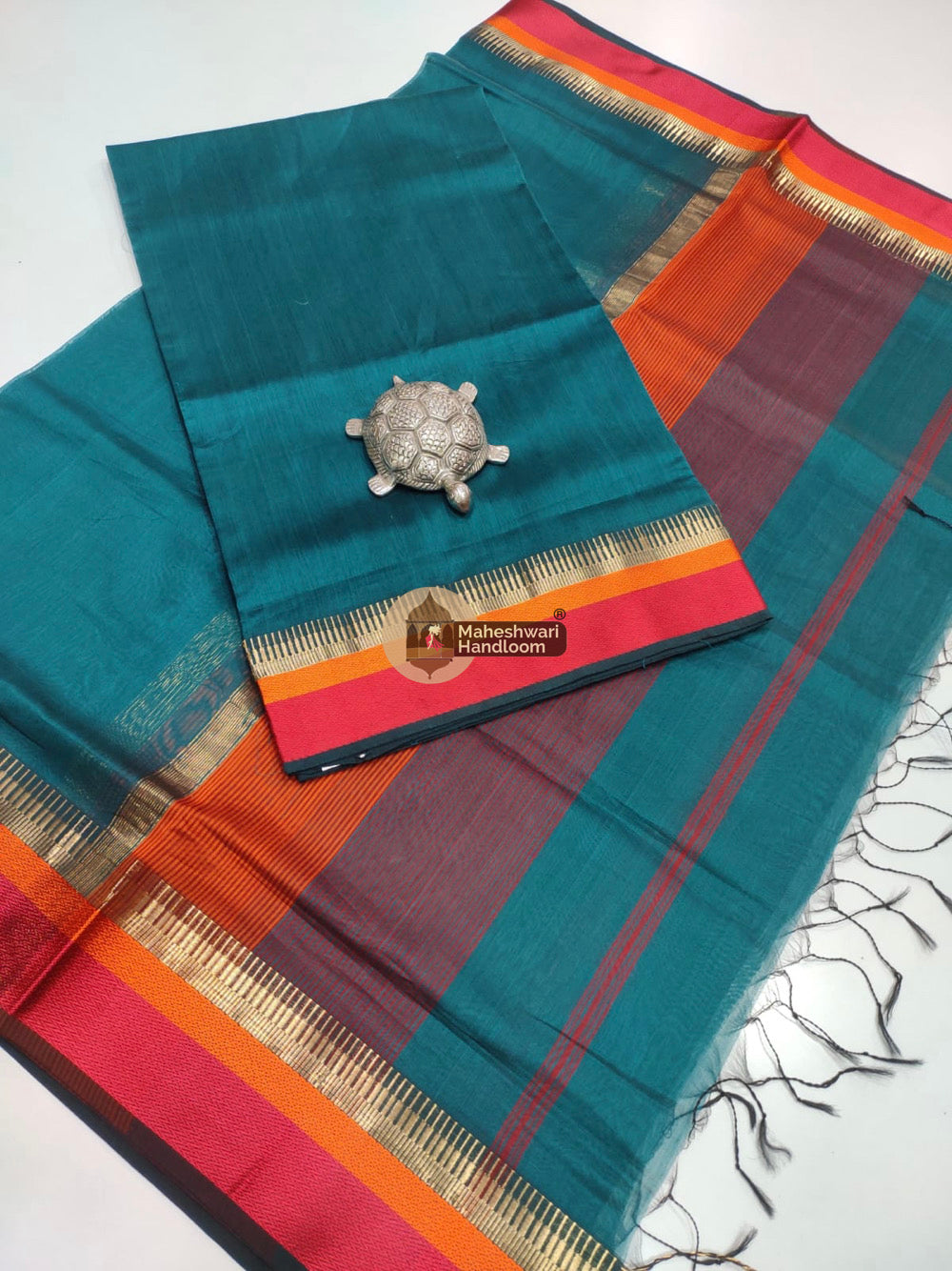 Maheshwari Turquoise Multicolor Border Top Dupatta Set