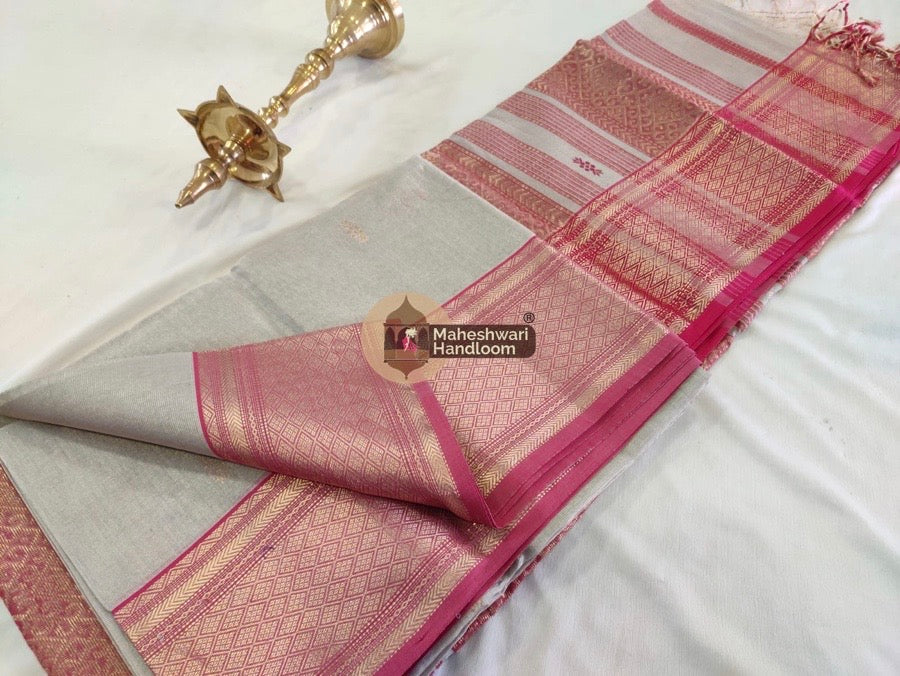 Exclusive Light Grey Tissue Rich Pallu Maheshwari Saree