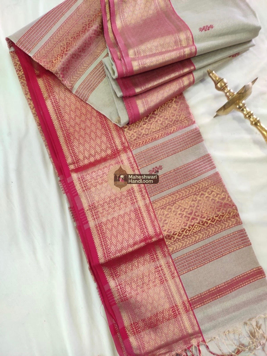 Exclusive Light Grey Tissue Rich Pallu Maheshwari Saree