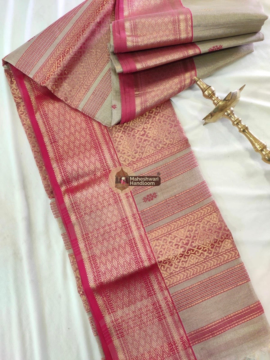 Exclusive Grey Tissue Rich Pallu Maheshwari Saree 03