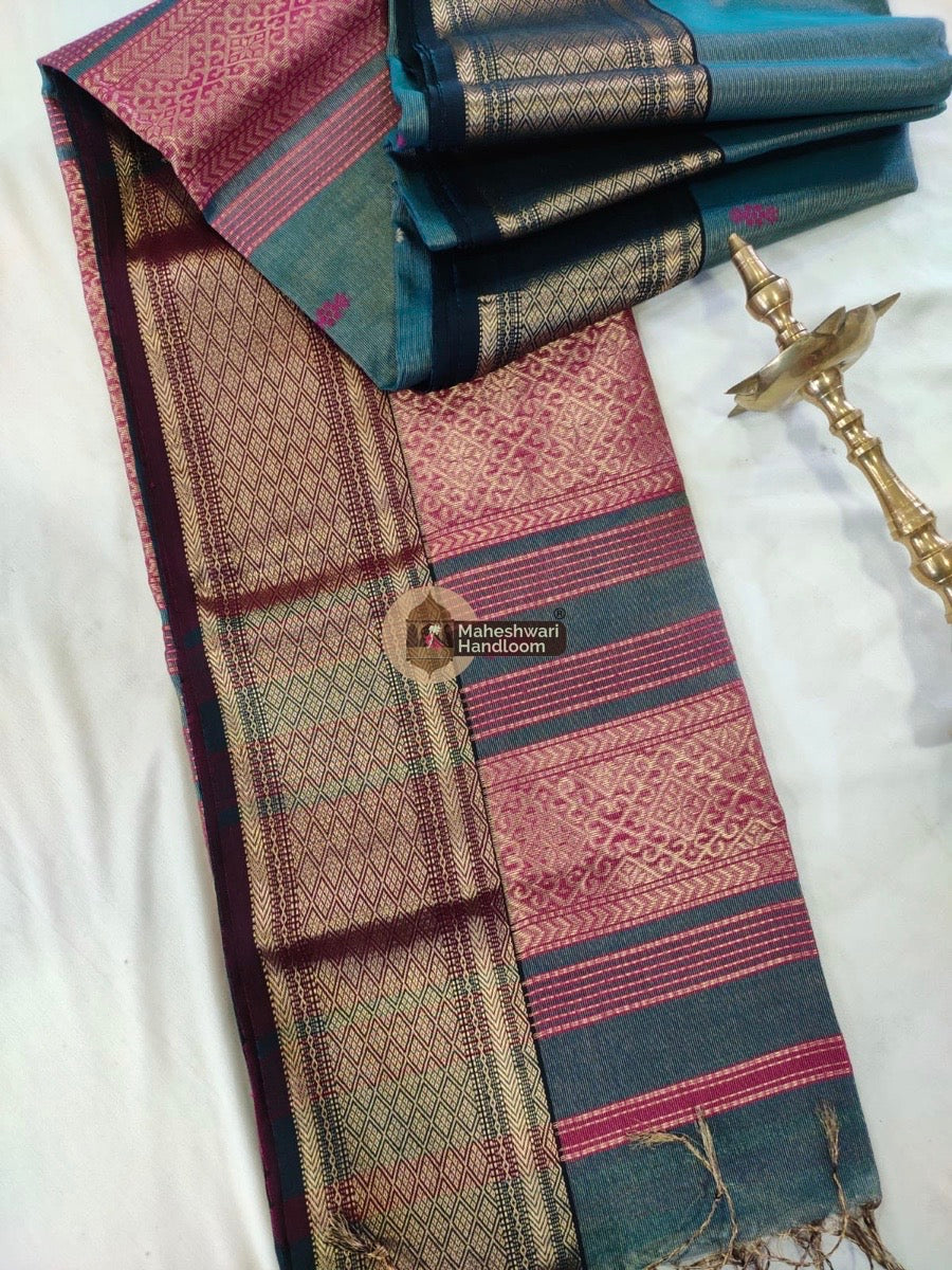 Exclusive Blue Tissue Rich Pallu Maheshwari Saree 05