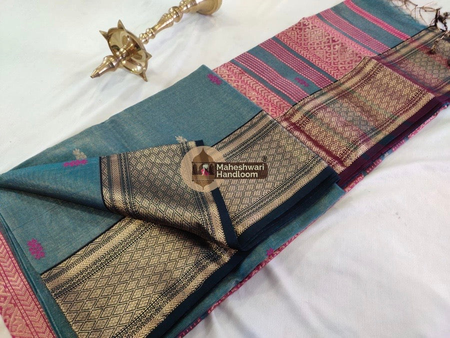 Exclusive Blue Tissue Rich Pallu Maheshwari Saree 05