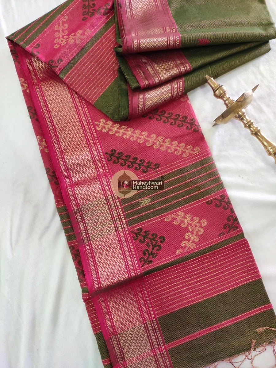 Exclusive Green Tissue Rich Pallu Maheshwari Saree 09