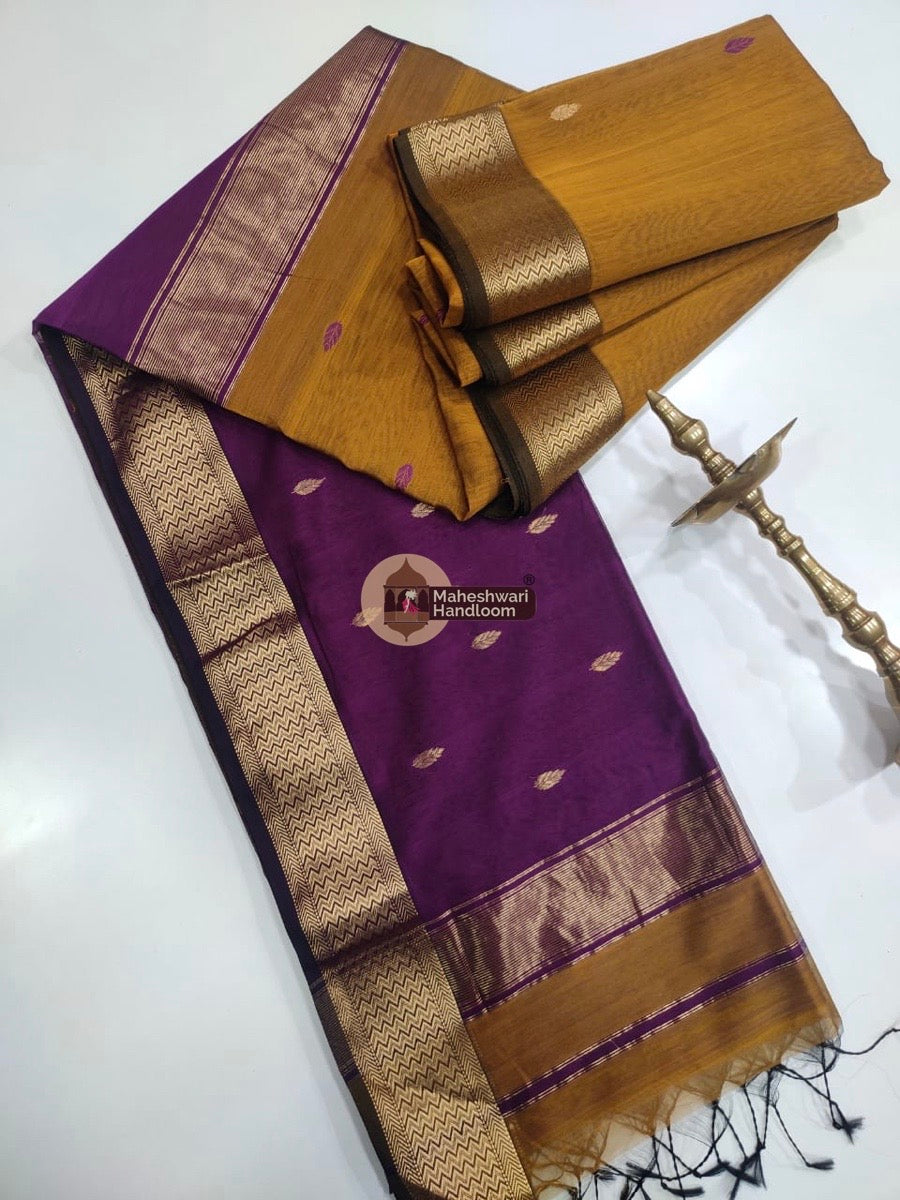 Maheshwari Golden Purple Zari Butti Saree 