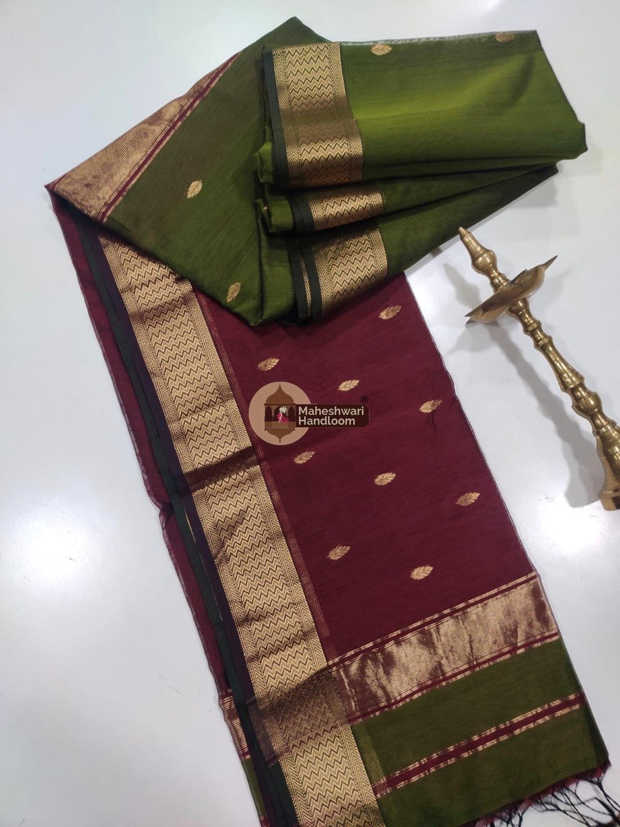 Maheshwari Mehendi Green Zari Butti Saree 