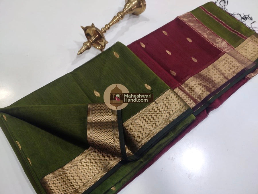 Maheshwari Mehendi Green Zari Butti Saree 