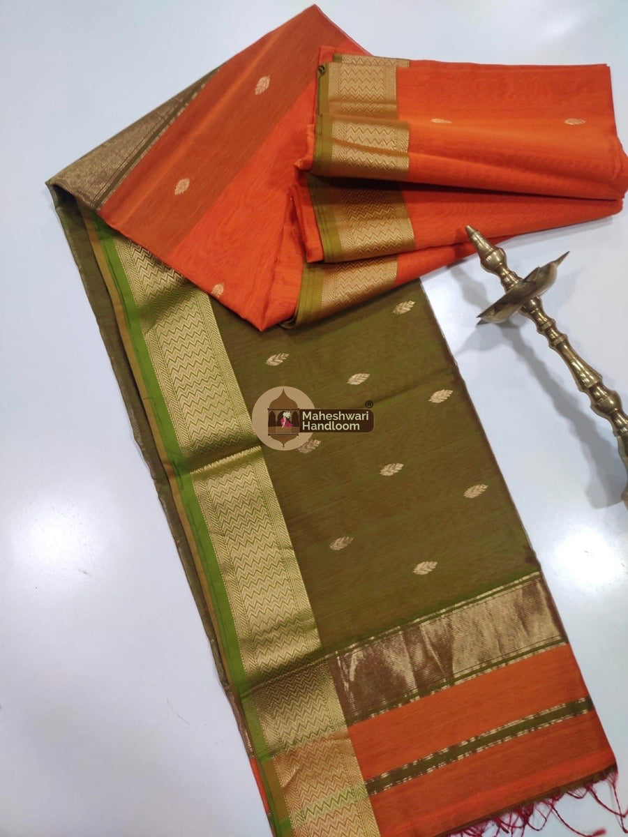 Maheshwari Orange Zari Butti Saree