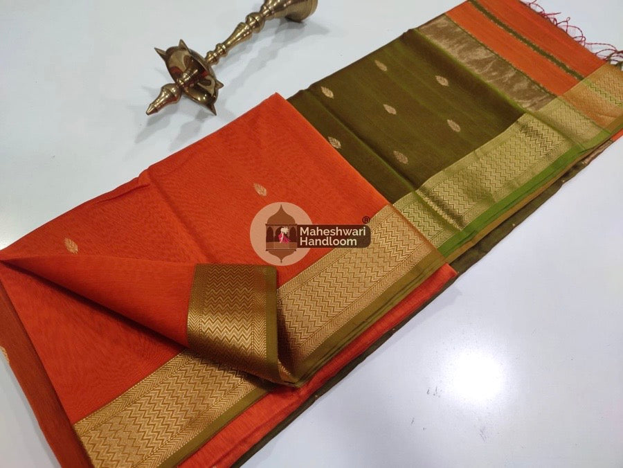 Maheshwari Orange Zari Butti Saree