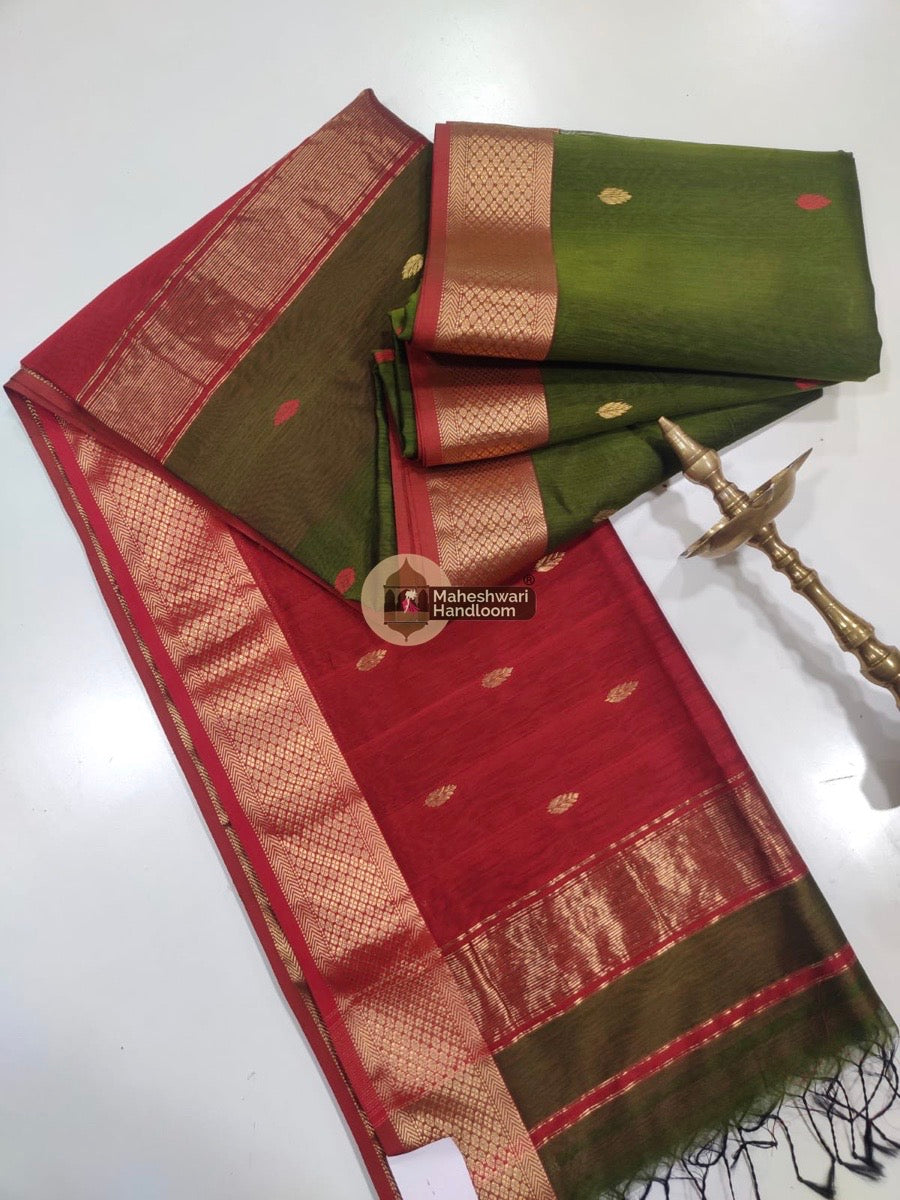 Maheshwari Mehendi Green Zari Butti Saree 